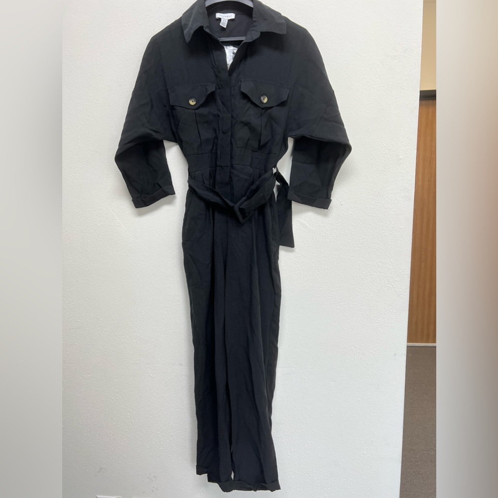 Topshop Belted Button Down Black Casual Long Sleeve Jumpsuit Size 4 NEW